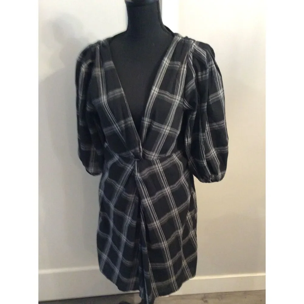 Free People Size 12 V neck Dress 3/4 Sleeve black white Plaid VNC